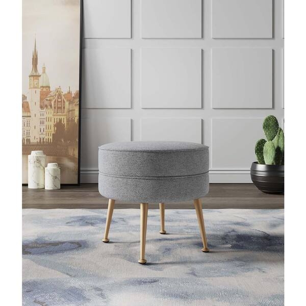 Ottoman Round Woven Fabric with Gold Splayed Legs Mid-Century