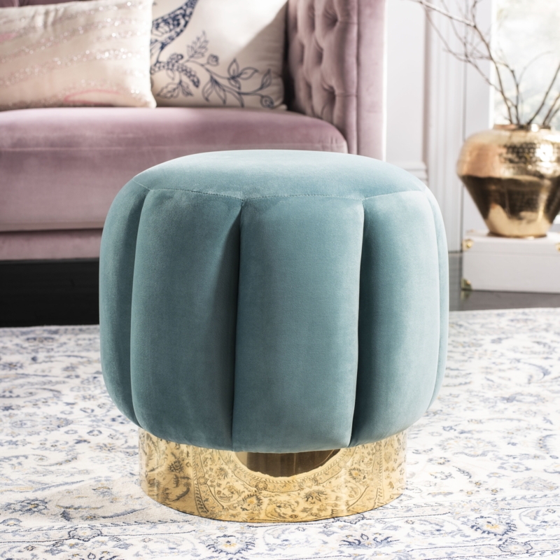 Ottoman Seafoam Velvet Channel Tufted Round Brass Base Accent