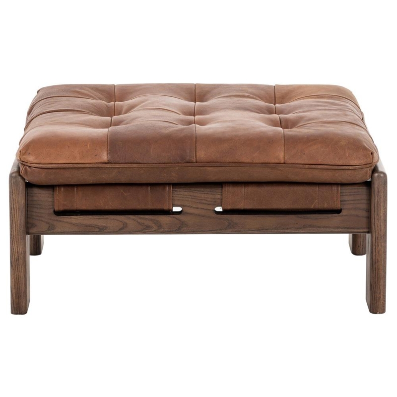 Ottoman Sienna Leather Look Button Tufted Wood Base