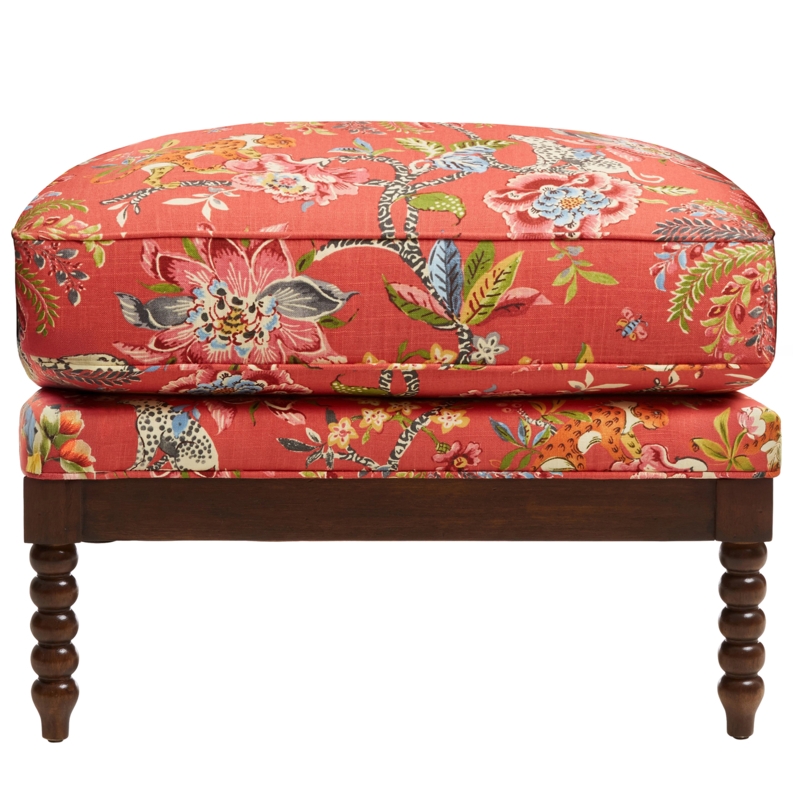 Ottoman Sled Base Gold Finish Blue Floral Print Transitional Style