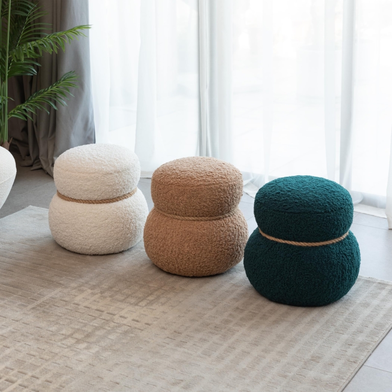 Ottoman Snowman Shape Boucle Texture White Whimsical Footrest