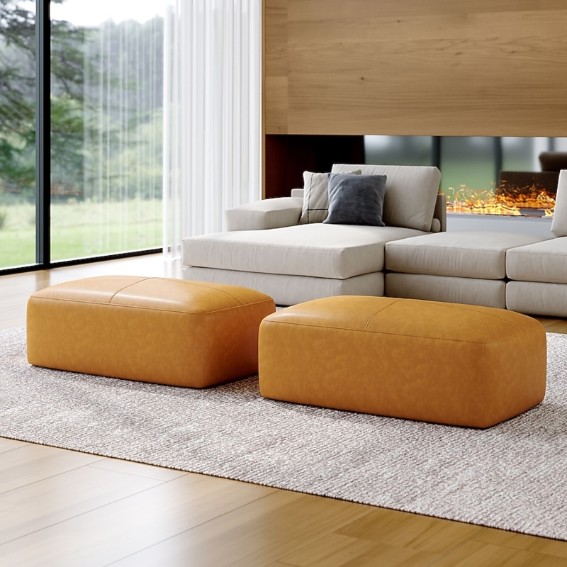 Ottoman Square Biscuit Tufting Tapered Legs Mid-Century Transitional