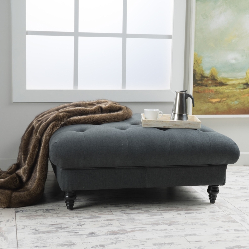 Ottoman Square Button Tufted Fabric with Turned Legs Transitional
