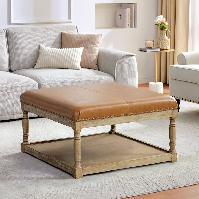 Ottoman Square Button Tufted with Lower Wood Storage Shelf