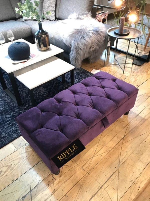 Ottoman Square Deep Button Tufted Purple Velvet with Turned Wood Legs