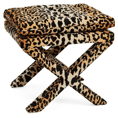 Ottoman Square Leopard Print Piping Trim Chic Footstool