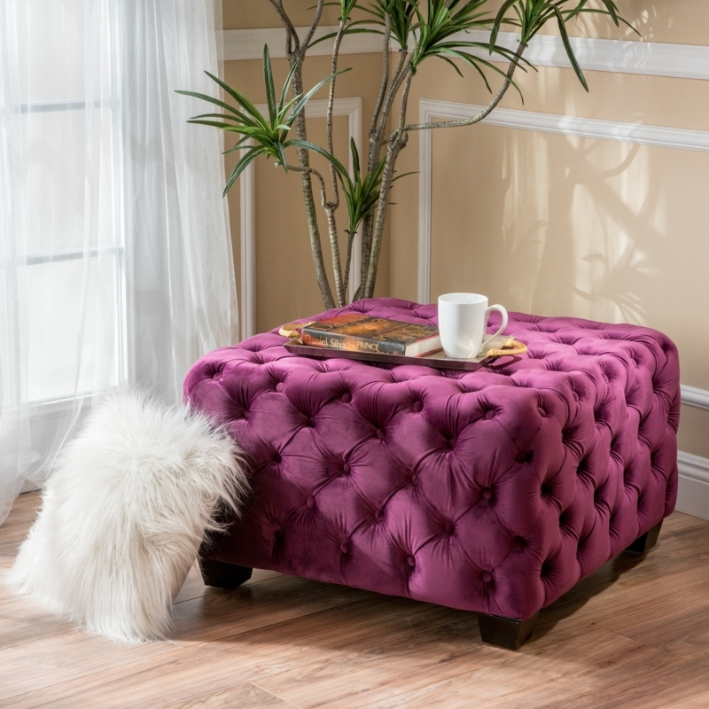Ottoman Square Navy Blue Velvet Button Tufted Bun Feet