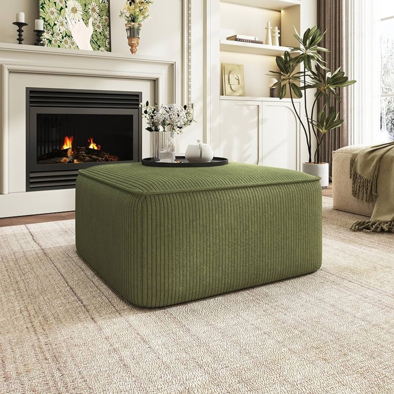 Ottoman Square Olive Green Wide Wale Corduroy, Tapered Wood Legs