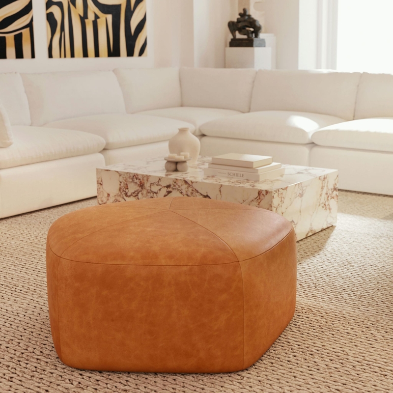 Ottoman Square Piped Edges Single Central Button Tuft Mid-Century