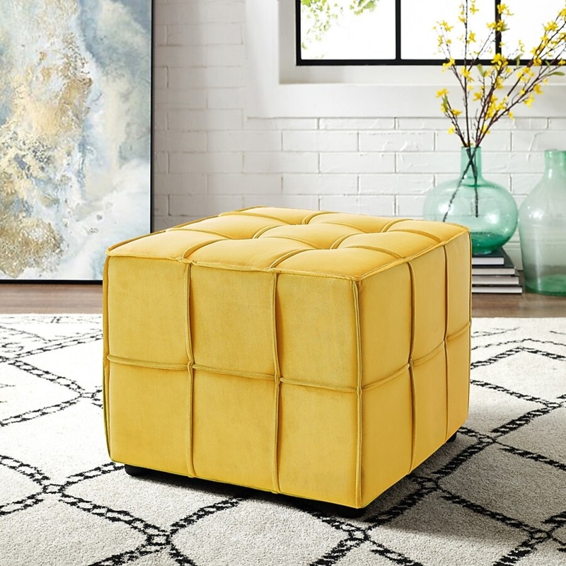 Ottoman Square Yellow Velvet Polished Silver Sled Base