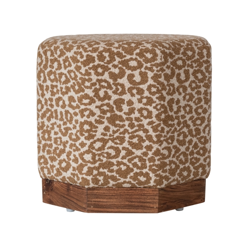 Ottoman Stool Square Leopard Print Pine Wood Base Glam Accent