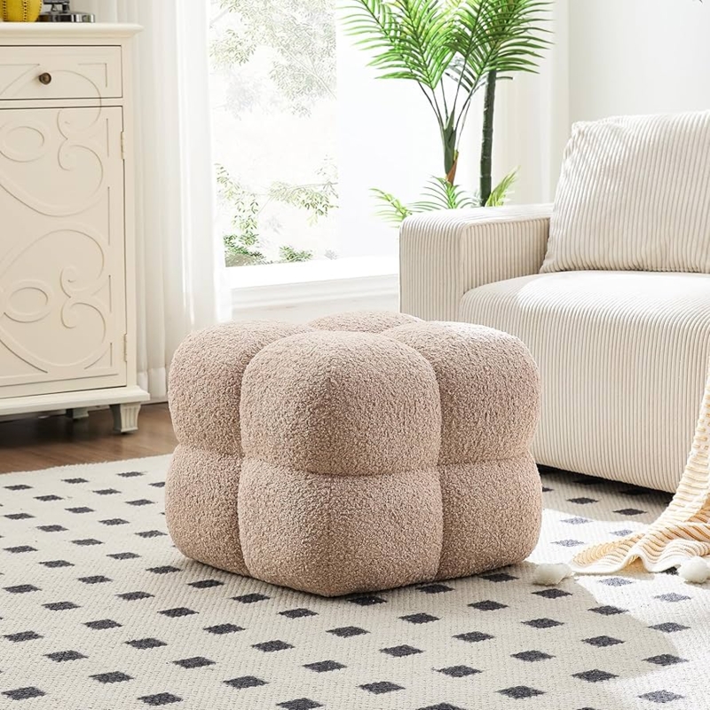 Ottoman Stool Tan Boucle Fabric Grid Tufting Rounded Corners
