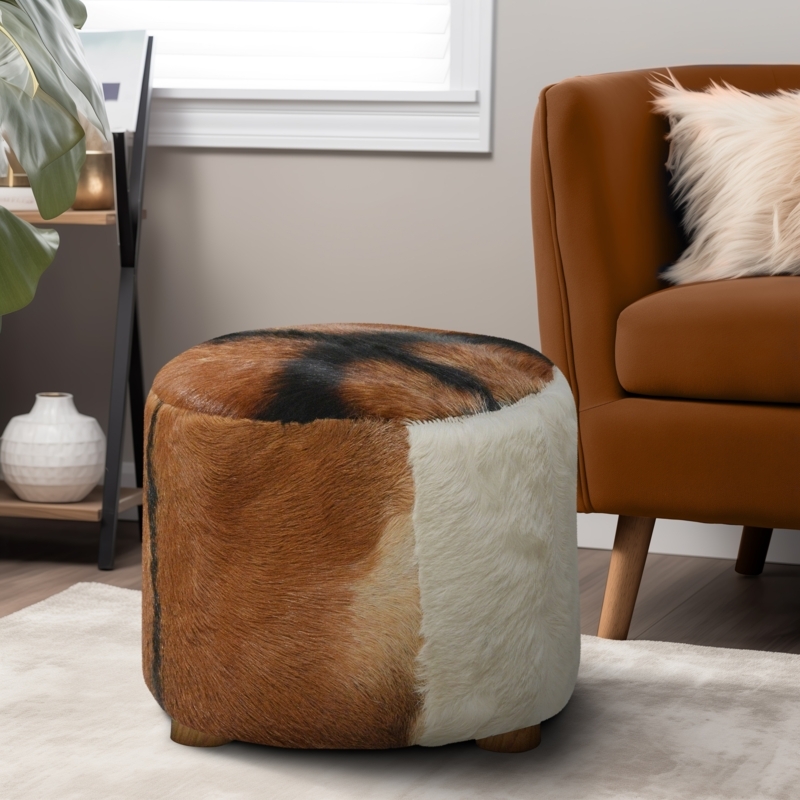 Ottoman Stool with Cowhide Upholstery & Tripod Legs, Farmhouse Style