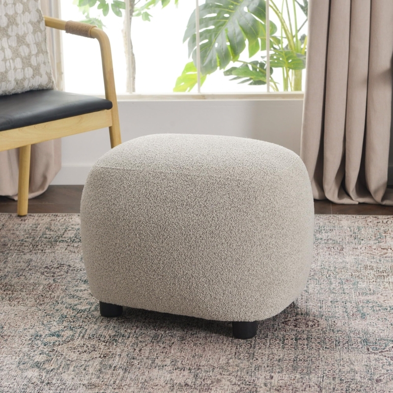 Ottoman Taupe Boucle Round Japandi Style Padded Seat Footstool
