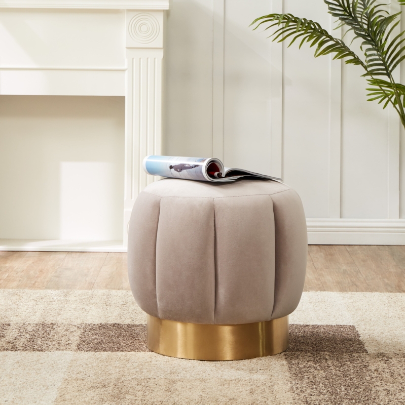 Ottoman Taupe Velvet Channel Tufted Sides Gold Base, Glam Footstool