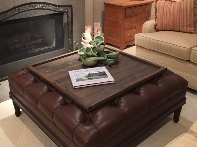 Ottoman Tray Large Square Wood with Integrated Cutout Handles