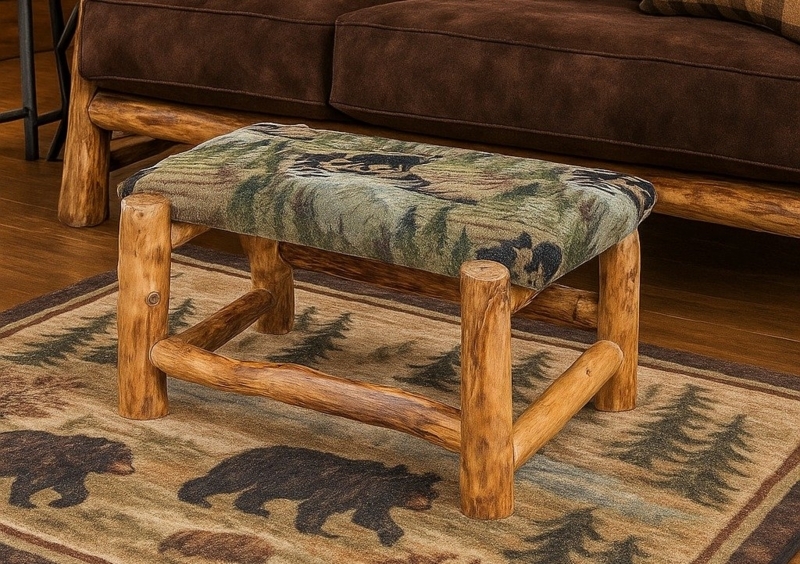 Ottoman Unpeeled Log Legs Tribal Upholstery Cabin