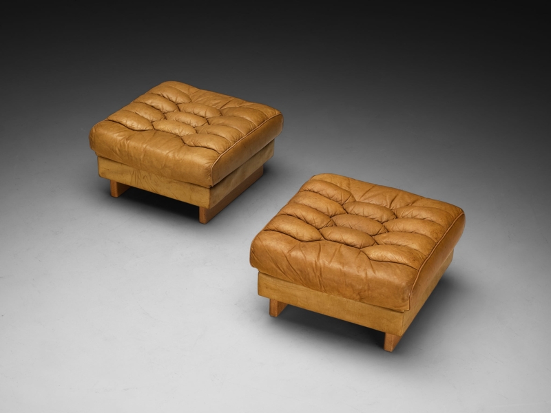 Ottoman Vertical Ribbing Brown Leather-Like Low Profile Modular Seating
