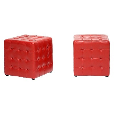 Ottoman Vibrant Red Glossy Finish Button Tufted Cube