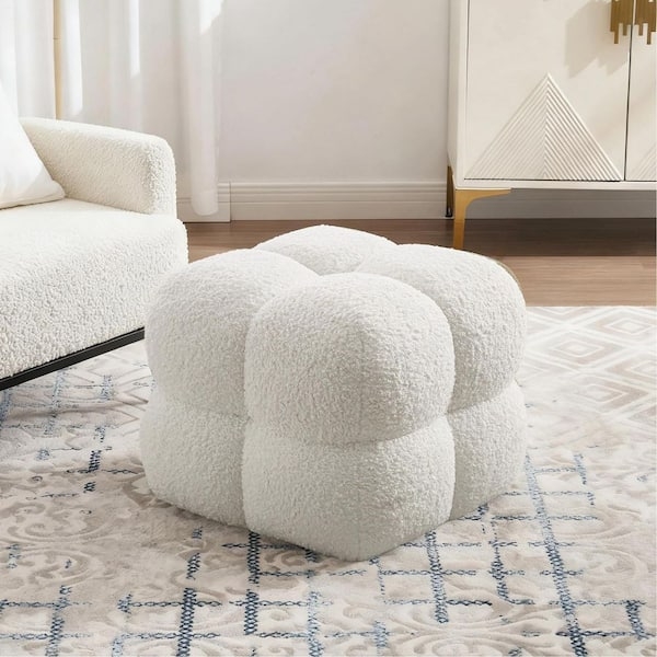 Ottoman White Sherpa Grid Tufted: Modern Low Profile Square Pouf