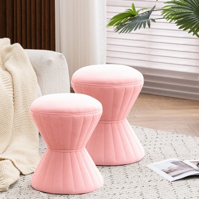 Ottoman with Button Tufted Top and Pleated Sides in Blush Pink (66 chars)