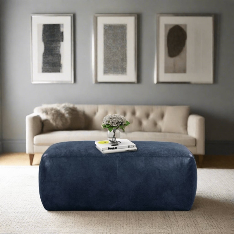 Ottoman with Contrast Stitching: Navy Rectangular Moroccan Bohemian Seat