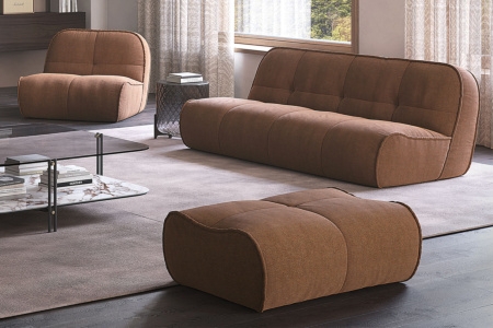Ottoman with Piped Seams: Cognac Low Profile Modern Italian Minimalist