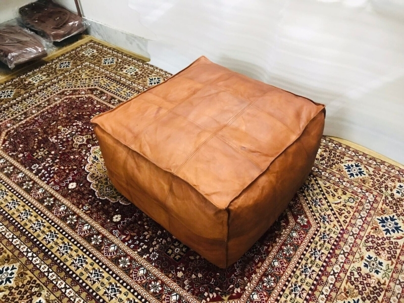 Ottoman with Starburst Medallion and Contrast Stitching, Boho Seating