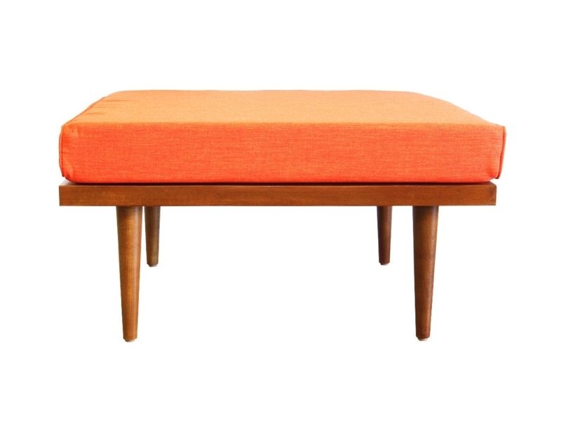 Ottoman with Tapered Wood Legs and Orange Upholstery