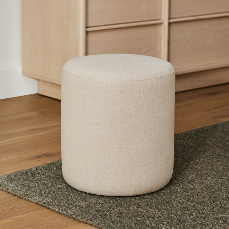 Ottoman with Wood Base, Boucle Texture, Modern Drum Style