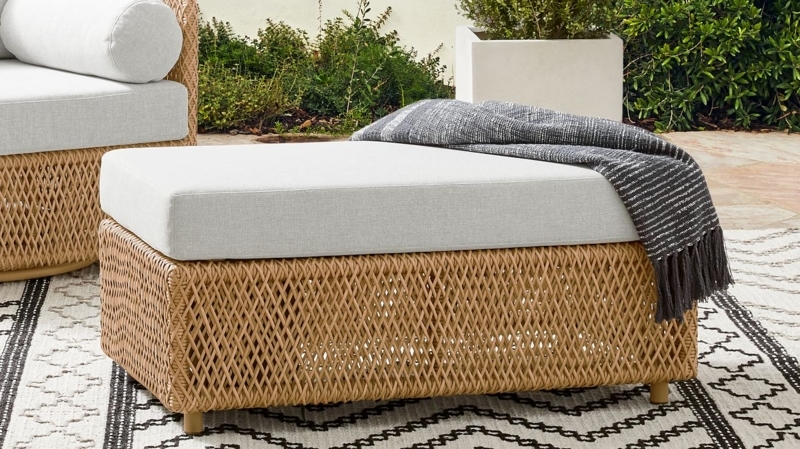 Ottoman Woven Rattan Base Square Silhouette Thick Cushion Coastal Patio