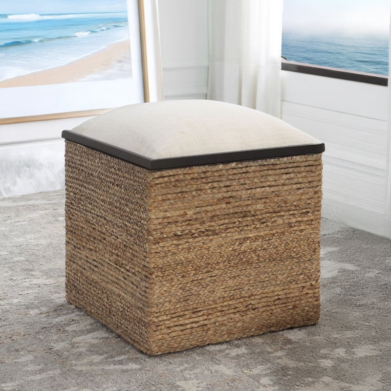 Ottoman Woven Rope Base Cream Upholstery Round Nautical Accent Stool
