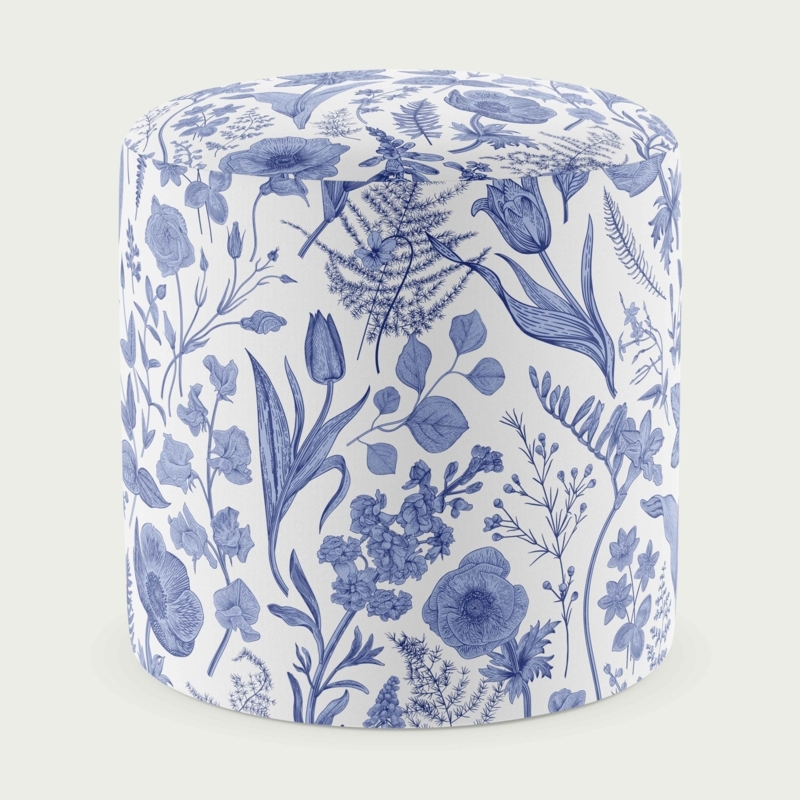 Ottoman X Base Wood Botanical Print Navy Blue Transitional Stool