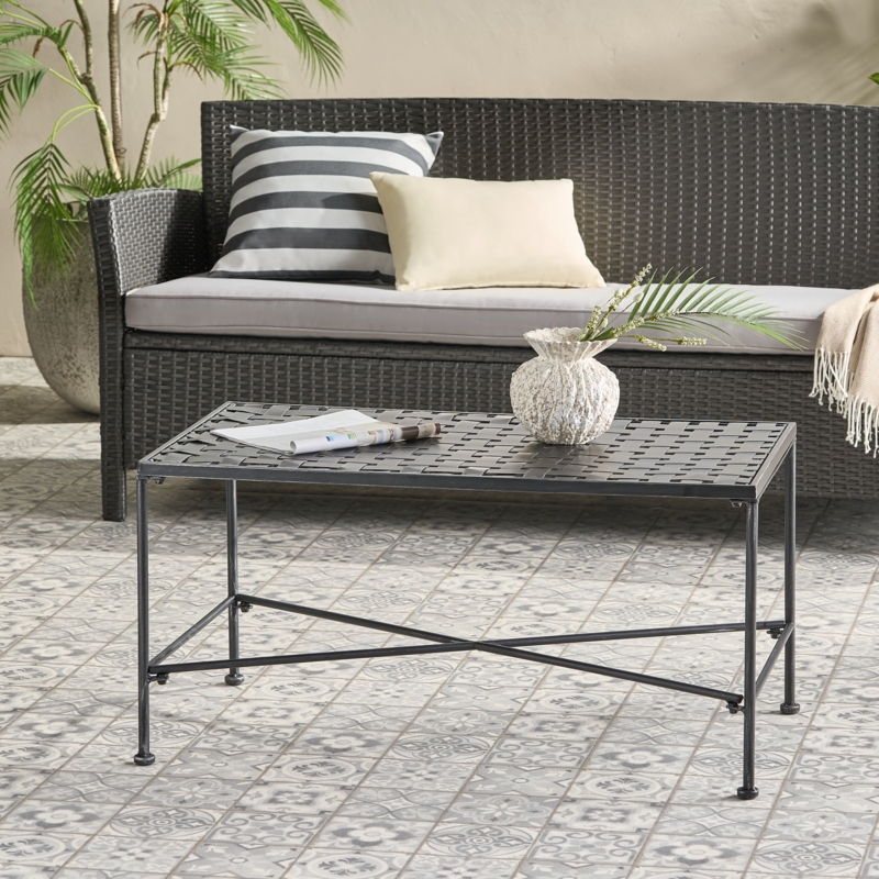 Outdoor Coffee Table Black Metal Slatted Top Patio Furniture