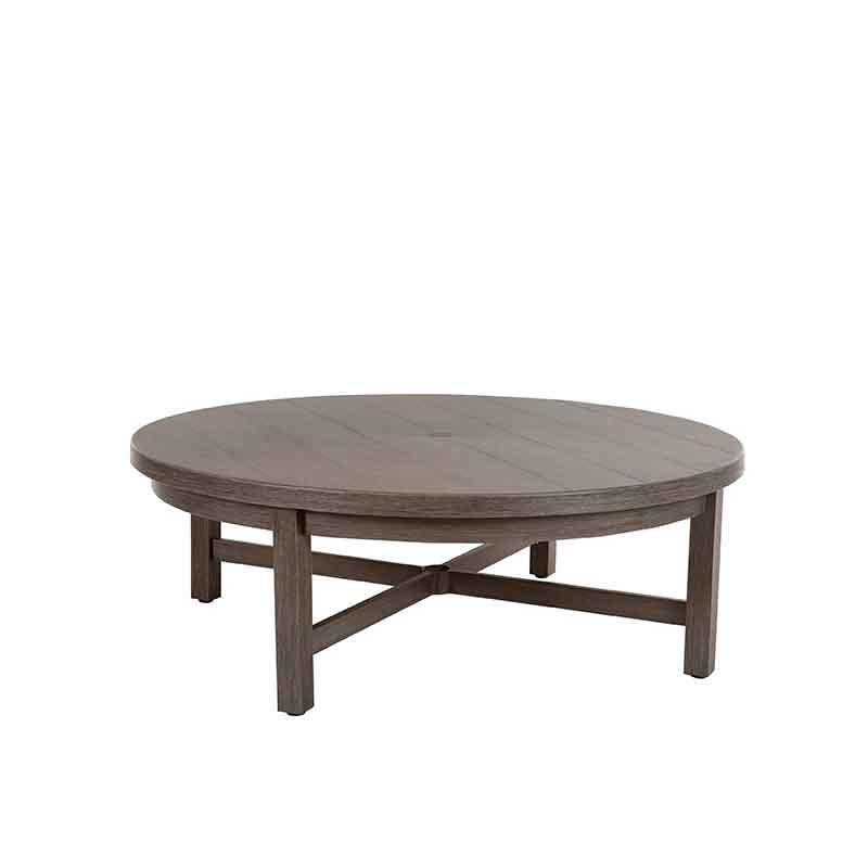 Outdoor Coffee Table, Round Slatted, Weathered Hickory Finish, Pedestal