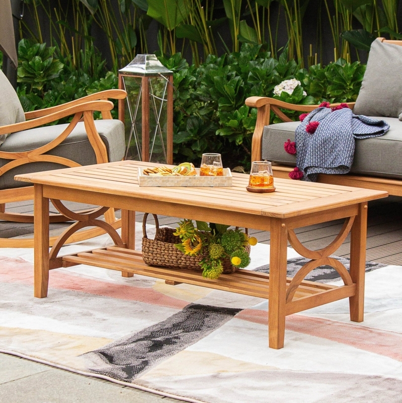 Outdoor Coffee Table, Slatted Top, Block Feet, Earthy Patio Style.