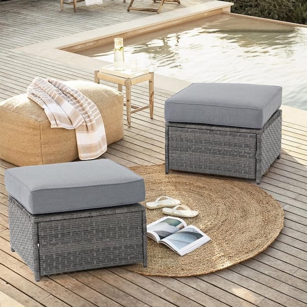 Outdoor Ottoman Set, Wicker Base, Thick Cushions, Coastal Patio Seating