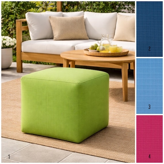 Outdoor Pouf Navy Blue Woven Grid Texture Cube Footstool