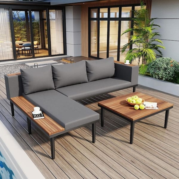Outdoor Sectional Gray Washed Wood Slat Back Design Modern Patio Set