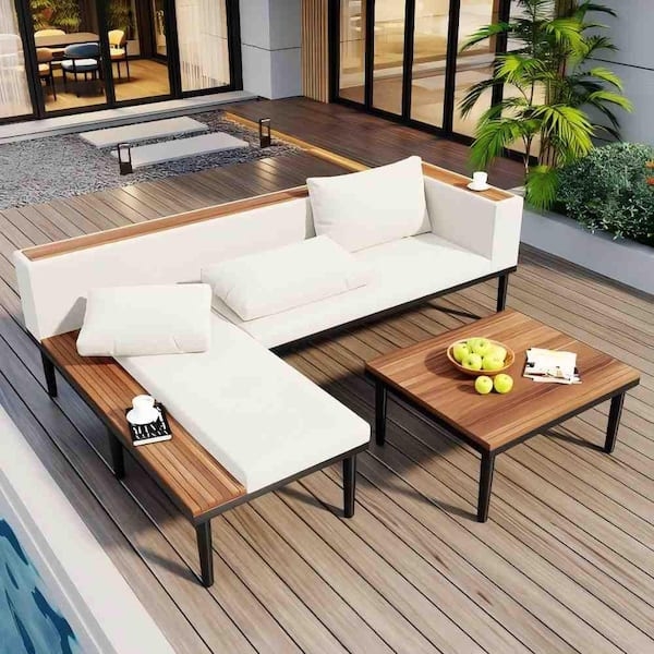 Outdoor Sectional Modular L-Shape Beige Slatted Wood Base Modern Set