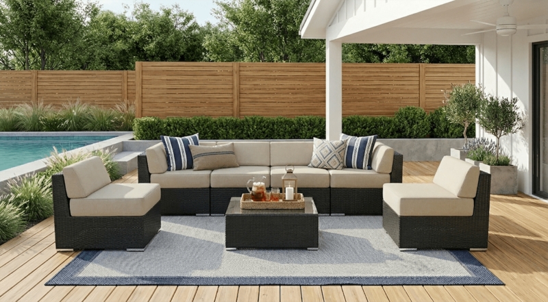 Outdoor Sectional with Six Inch Cushions, Woven Modular Patio Set