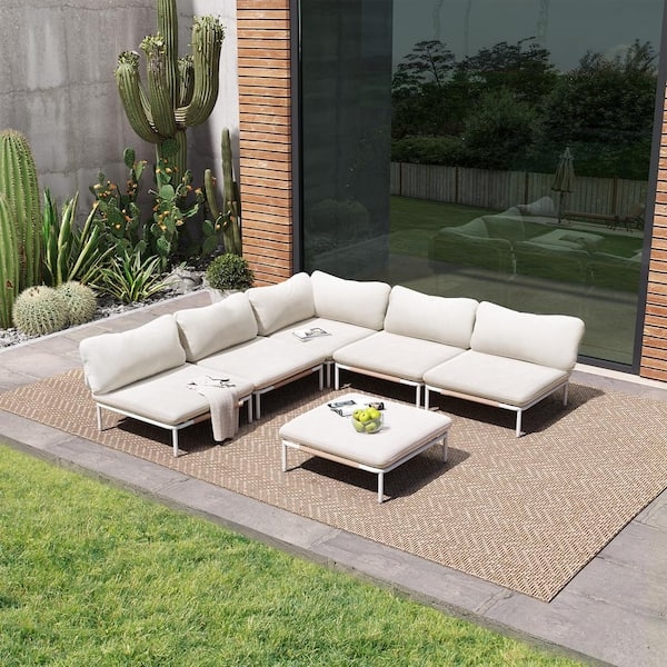 Outdoor Sectional Woven Resin Wicker Dark Brown Frames Beige Set