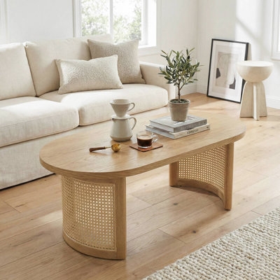 Oval Coffee Table, Cane-Wrapped Legs, Wood Toned, Boho Living Room