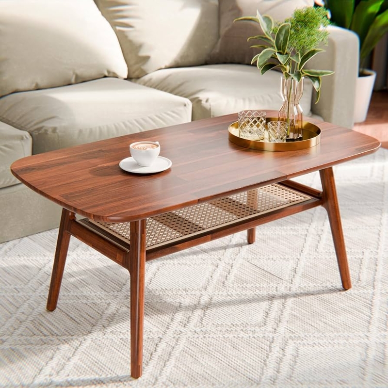 Oval Coffee Table Dark Chocolate Rattan Shelf Mid-Century Style