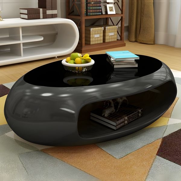 Oval Coffee Table, Dark Gray Stone-Effect, Double Pedestal Base