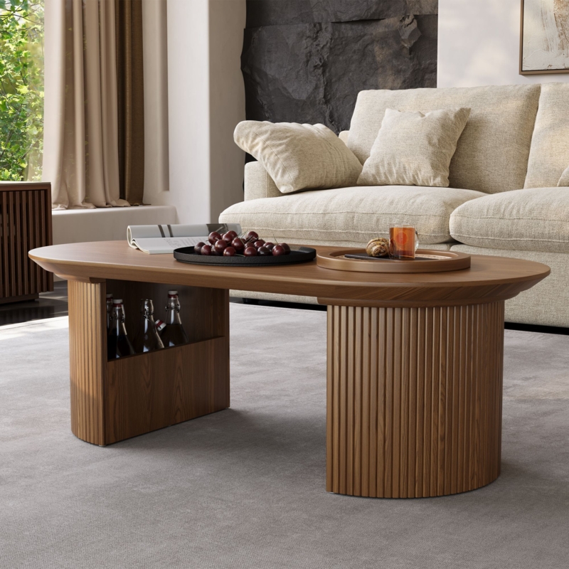 Oval Coffee Table Fluted Base Storage Shelf Walnut Wood Toned