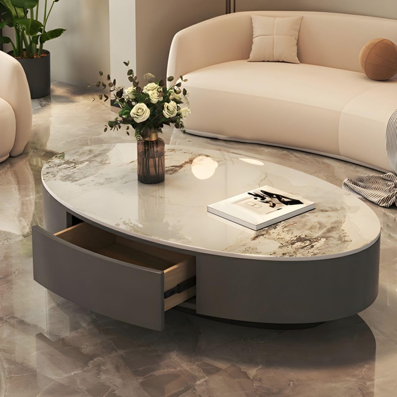 Oval Coffee Table Fluted Gold Pedestal Base Stone Like Top