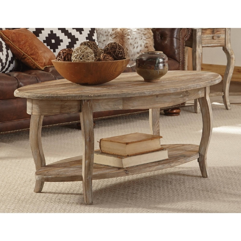 Oval Coffee Table Rustic Distressed Finish Scalloped Curved Legs
