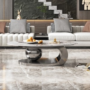 Oval Coffee Table, Sculptural Base, Central Metal Ball, Stone-Like Top