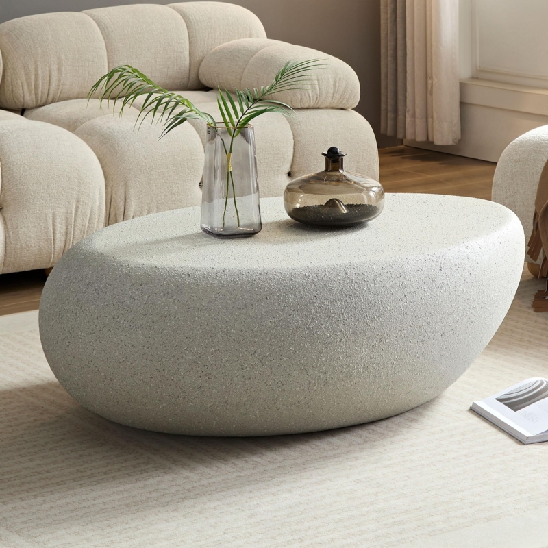 Oval Coffee Table, Travertine Look, Chunky Sculptural Form, Matte